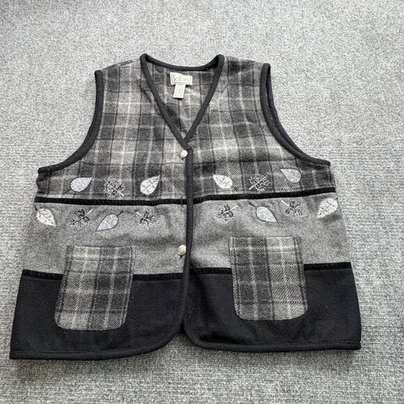 VTG Tantrums Vest Womens 2X Wool Blend Plaid Leaf Embroidery &‎ Pockets *Read - Picture 1 of 10